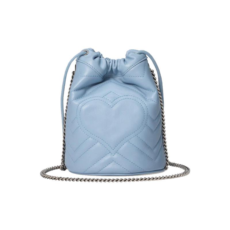Gucci crossbody bag GG Marmont Silver Label Logo Quilted Leather Drawstring Bucket Chain Shoulder Mini Women's Light Blue Candy Color Unicorn Color
