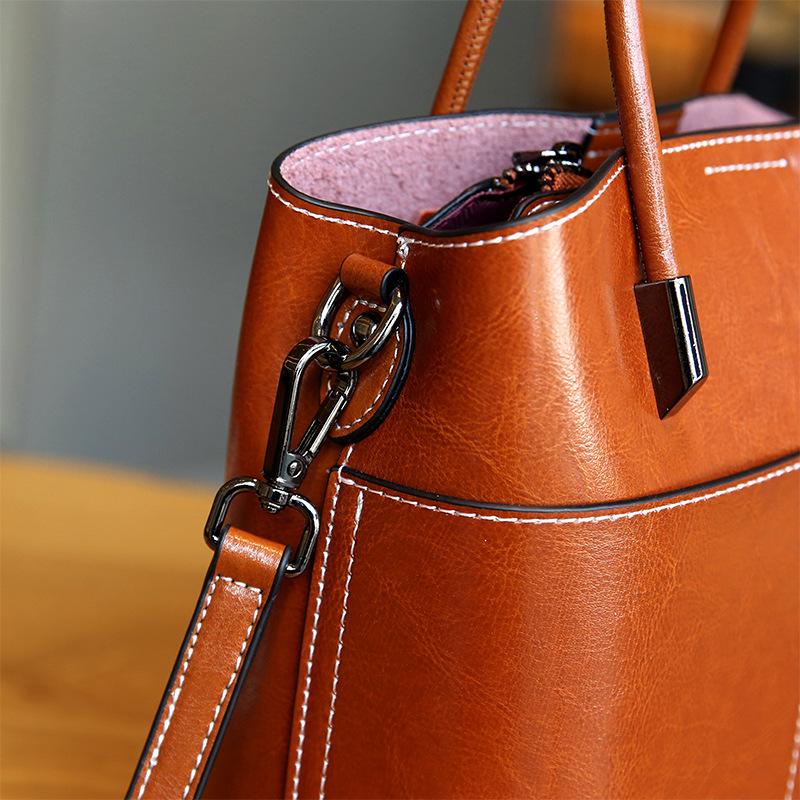 Bolsa Balde de Couro Genuíno Casual Simples Bolsa de Mão Feminina de Ombro Transversal