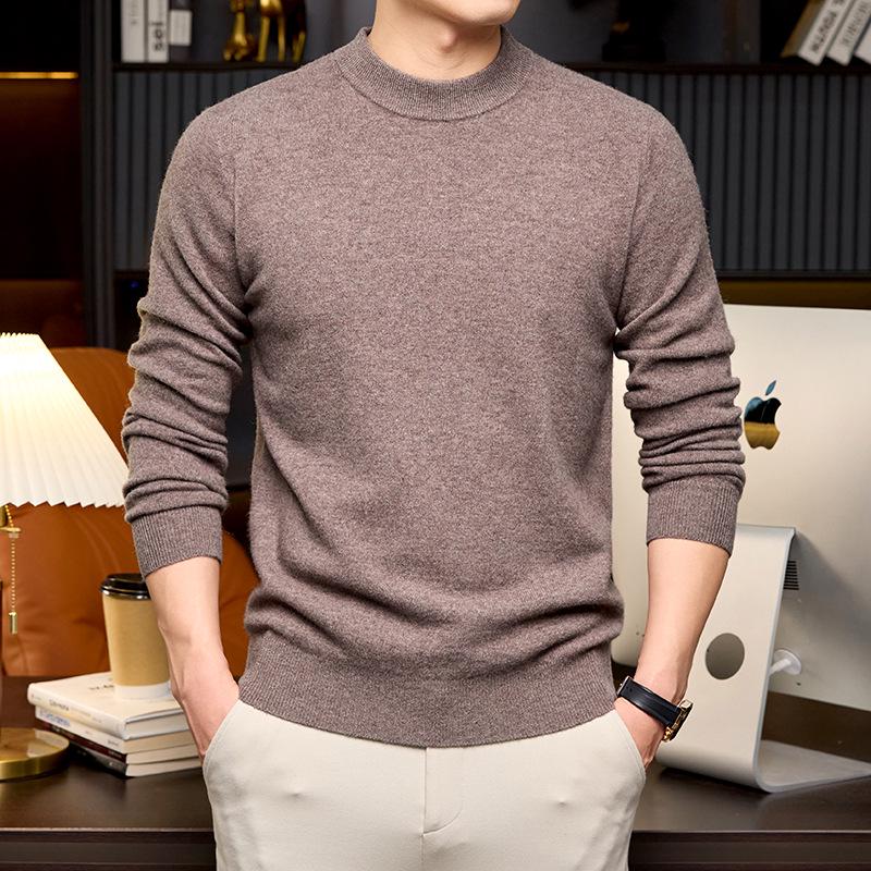 Men’s Autumn-Winter Pure Wool Machine Washable Sweater, Thickened, Half-High Collar, Warm Base Layer