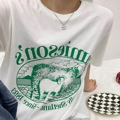 Sheeps Printed Vintage 90s T-shirt Female White Short Sleeve Graphic Tees Loose Kpop Women T Shir Women's Clothing