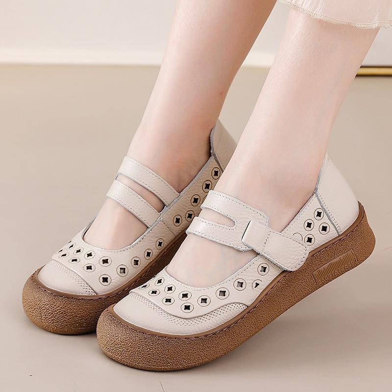 Neue Naturleder-Ortho-Sandalen für Damen Sommer Aushöhlen Flats Schuhe ältere Frau Mary Jane Slipper Riemen Slipper Mokassin