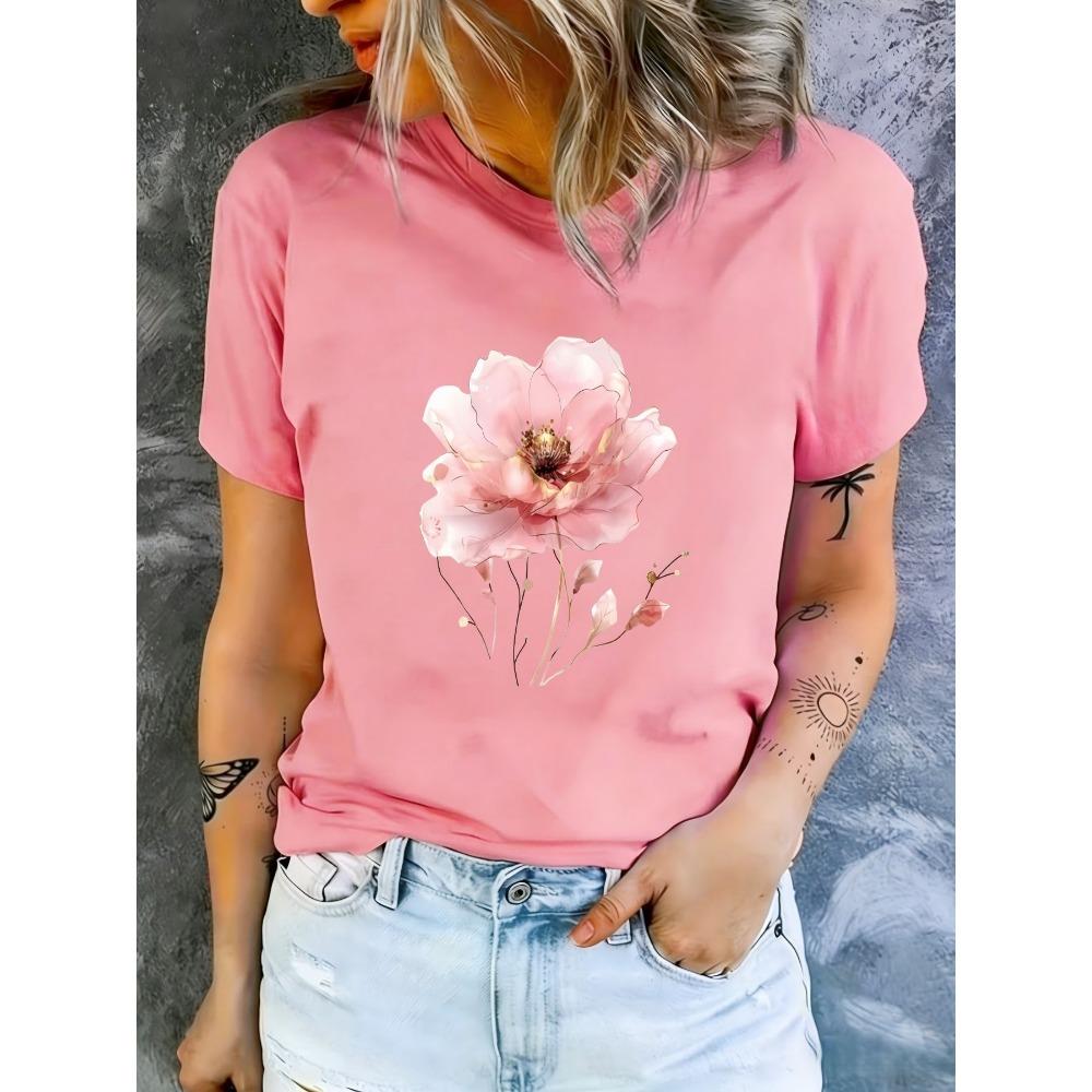 One-piece women's round-neck trendy printed T-shirt for spring/summer, comfortable short-sleeved, suitable for outdoor wear,