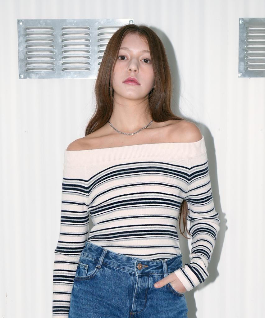 VLETI Striped Ribbed Off-Shoulder Knit (Cream)