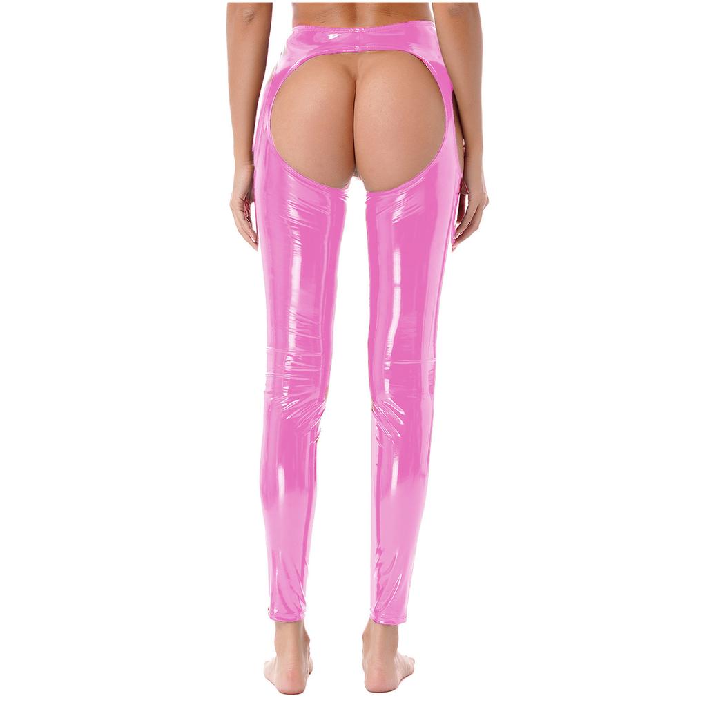 Womens Wet Look High Waist Cutout Leggings Crotchless Open Butt Patent Leather Skinny Pants Clubwear