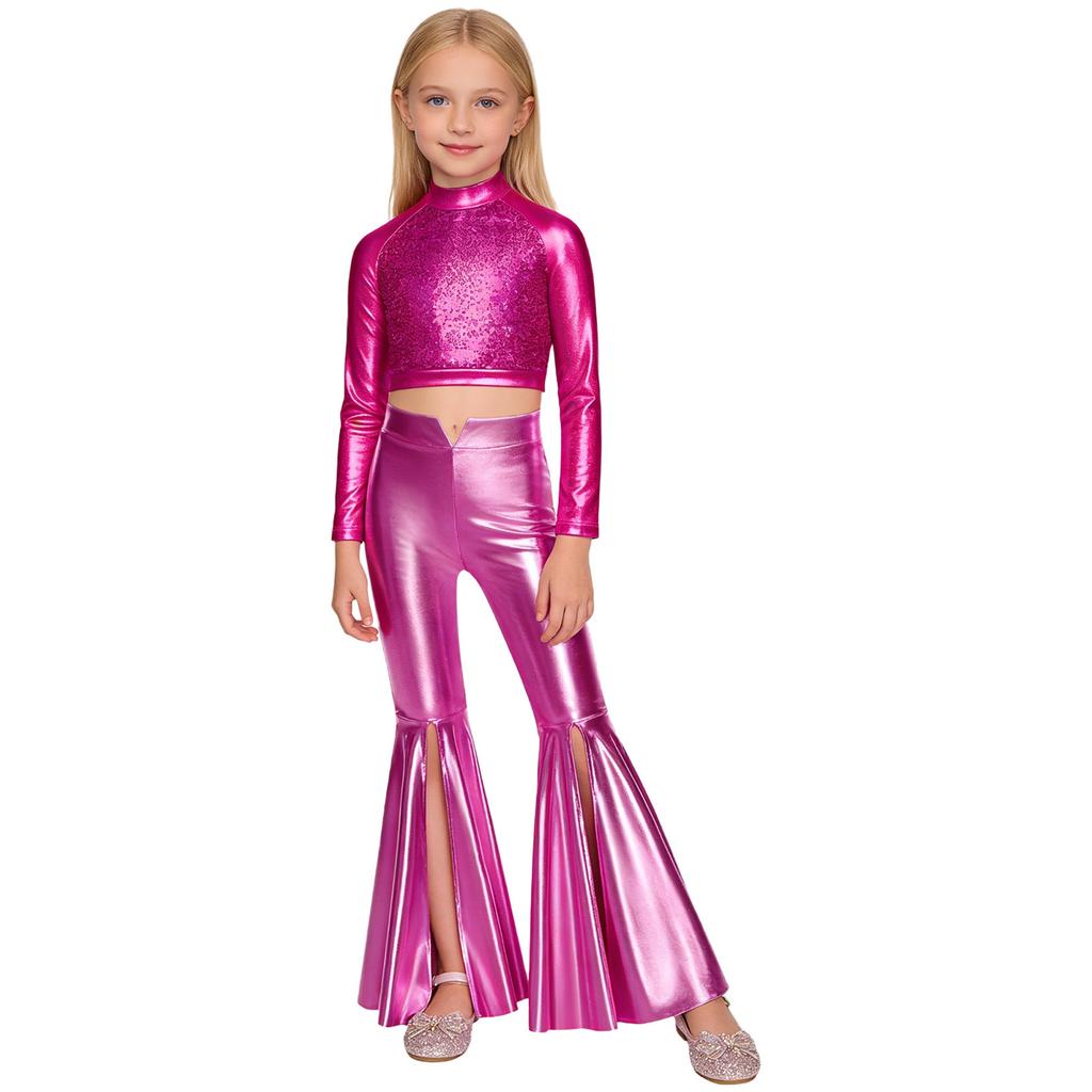Girls Long Sleeve Sequin Metallic Crop Top Split Bell Bottom Shiny Pants Dance Performance Outfit