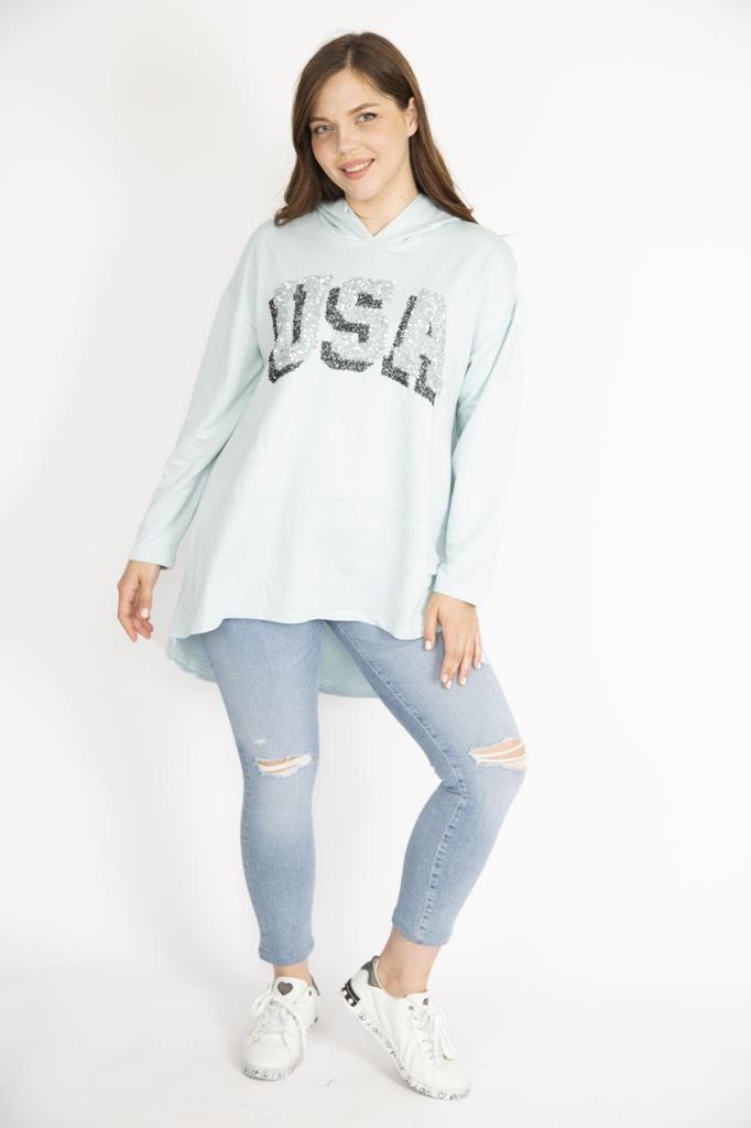 Women's Style Big Size Sweatshirt Baby Blue Plus Size Sequin Detailed Hooded Long Back Sweatshirt