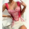 Stickerei Spitze Crop Weste Top Frauen Sommer Mesh Sexy Rosa Korsett Top Mode Aushöhlen Blumen Druck Grundlegende Tank Top