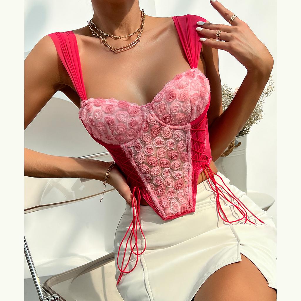 Stickerei Spitze Crop Weste Top Frauen Sommer Mesh Sexy Rosa Korsett Top Mode Aushöhlen Blumen Druck Grundlegende Tank Top