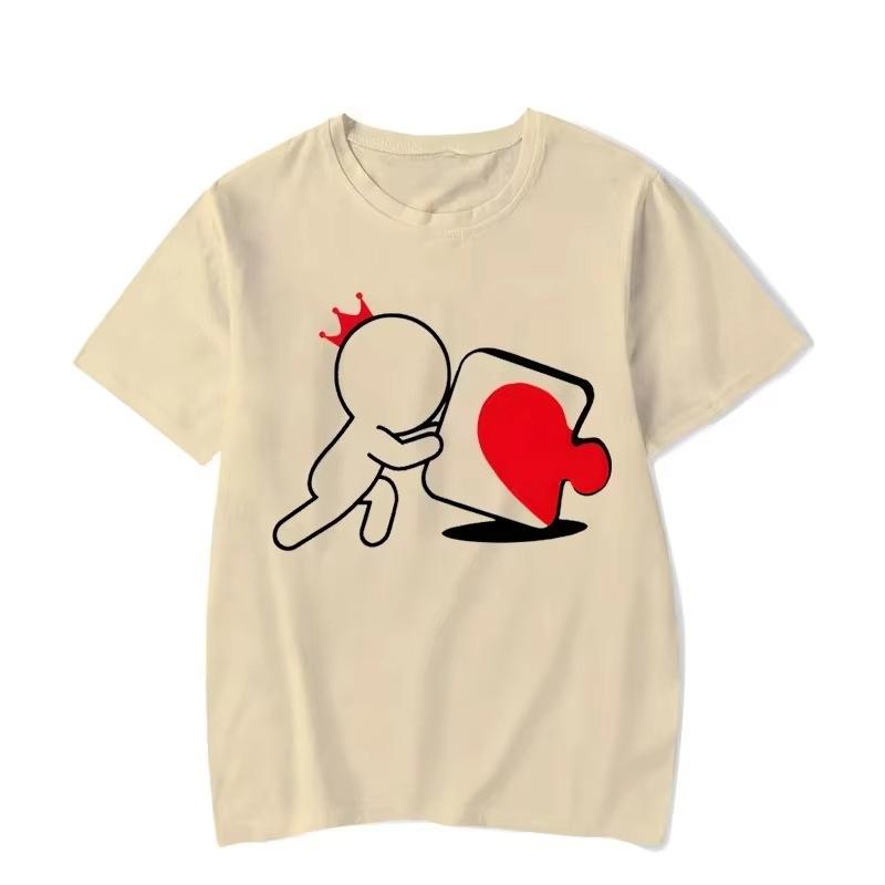 Cartoon Girl Boy Heart Puzzle Print Couple T-Shirt Short Sleeve Loose King Queen Tshirts Trend Lovers Shirt Unisex Tees