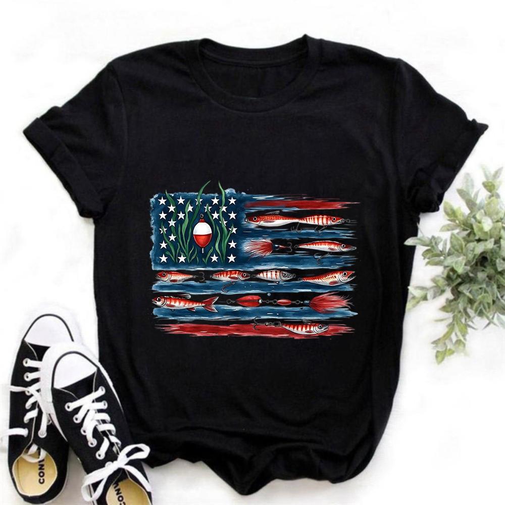 American Flag Fishing Lure Print Crewneck Short Sleeve Unisex Cotton Graphic T-shirt for Fishing Lovers