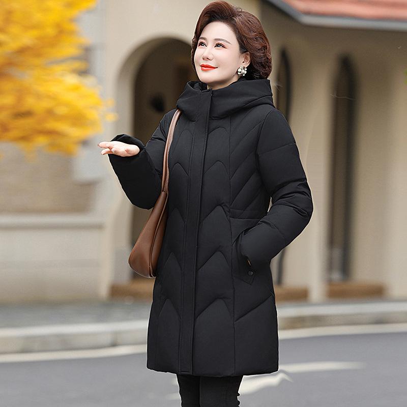 

Жіноче зимове пальто середньої довжини з капюшоном - Потовщене, тепле та модне для жінок середнього віку XL чорний