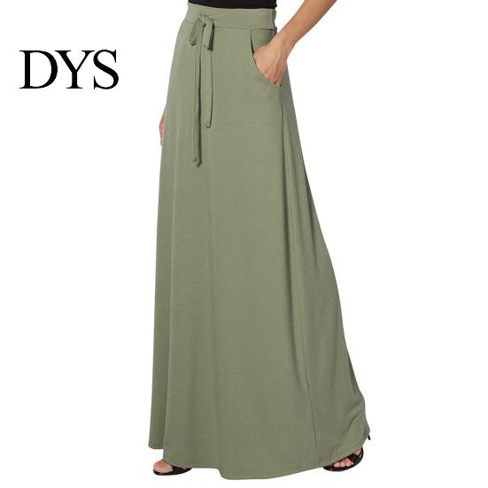 Long Skirt Women Maxi Adjustable Drawstring High-Waisted Solid Color Casual with Pockets Work