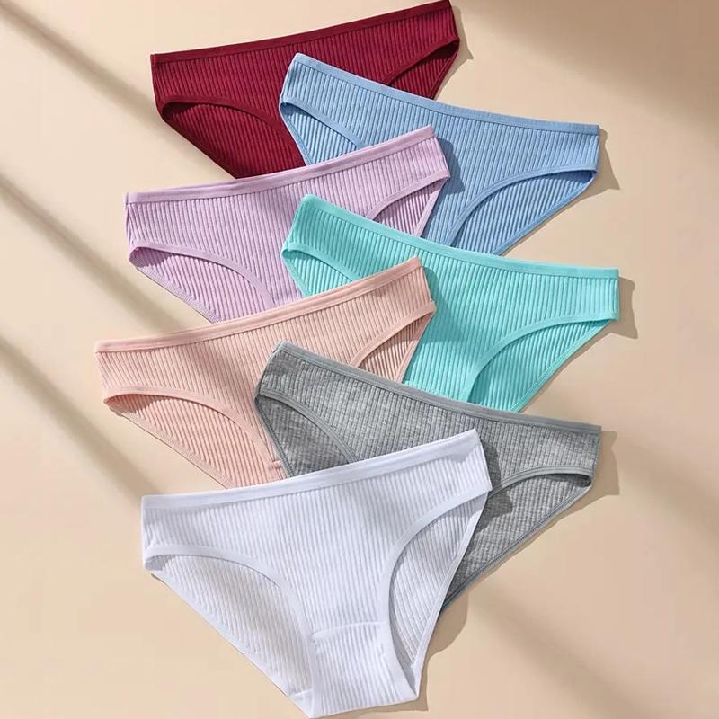 7Pcs Women Cotton Panties Striped Briefs Sexy Women's Underwear Low Waist Breathable Underpants Plus Size Solid Female Lingerie