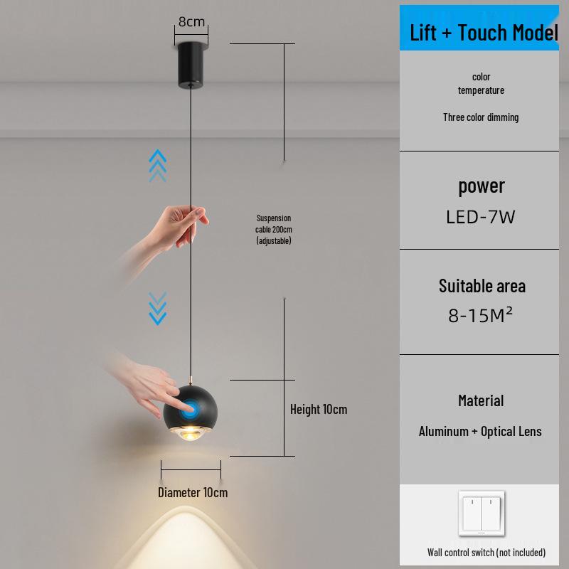Modern Touch Switch Pendant Light for Bedroom, Living Room, or Study - Adjustable Headboard and Background Wall Lighting