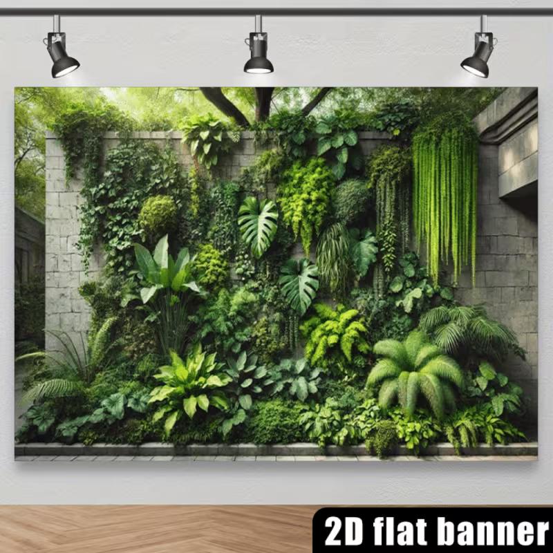 2D Jungle Style Mixed Foliage Concrete Block Wall Decor Backdrop