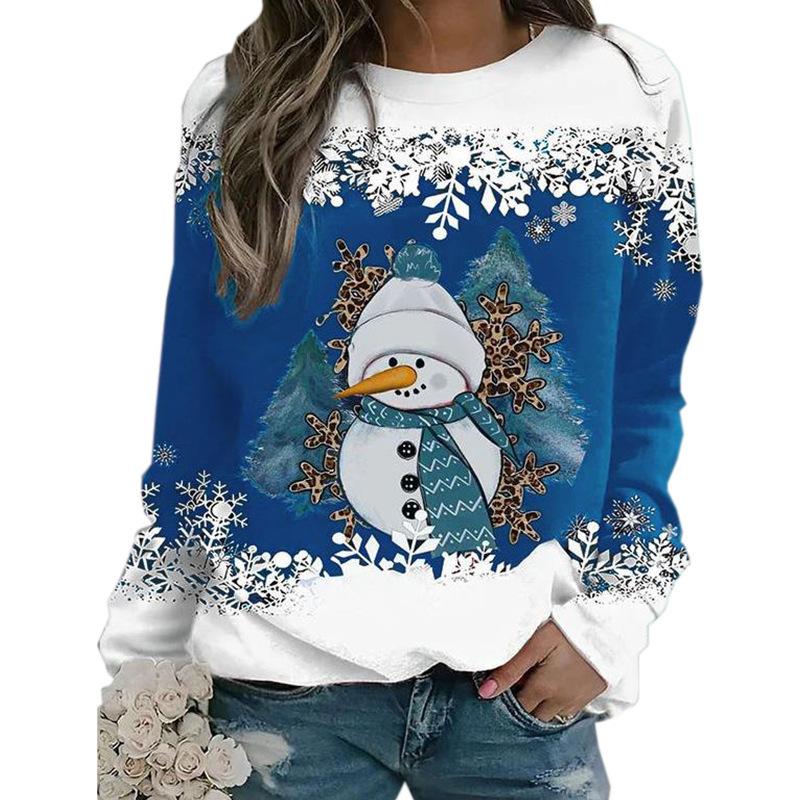 New Christmas 3D snowman print women's loose round neck long sleeved T-shirt