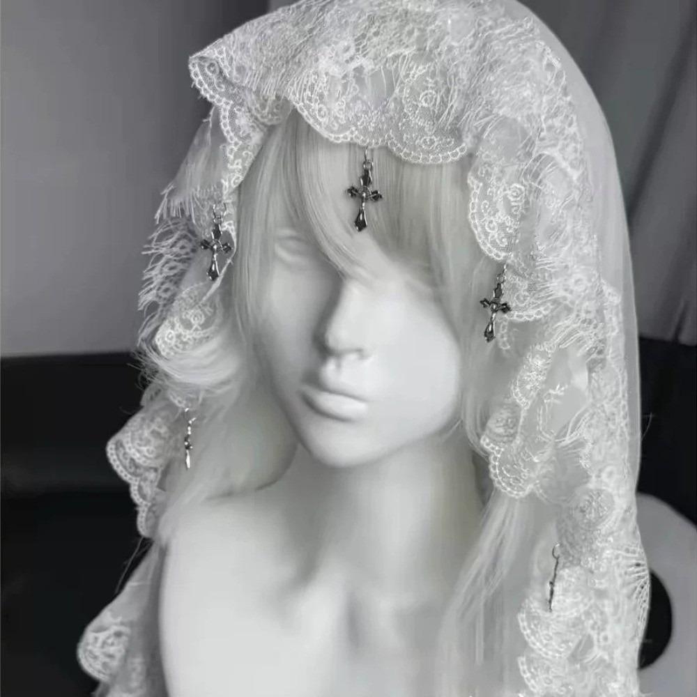 Black and White Lolita Tulle Head Cover Cross Pendant Lolita Lace Veil Y2K Wedding Veil Women