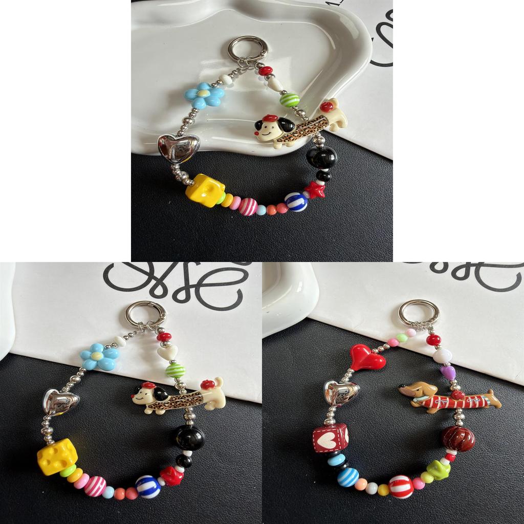 Small Novelty Red Striped Dog Phone Lanyard With Colorful Beads And Flower Design For Kids And Adults