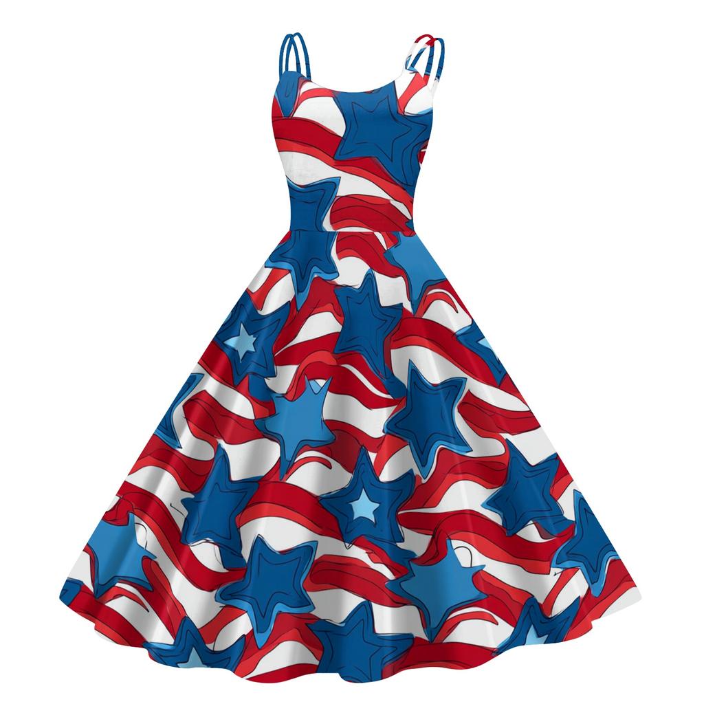 Women Sleeveless Vintage Swing Dress with Star and Firework Print Classic Midi Length Summer Sundress