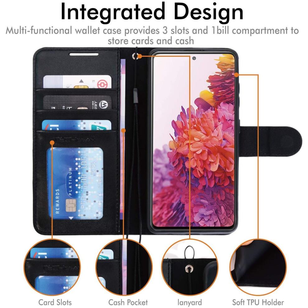 Galaxy S20 FE Leather Wallet Case, Flip Protective Case Cover with Wallet Card Holder, Stand and Wrist Strap - Black