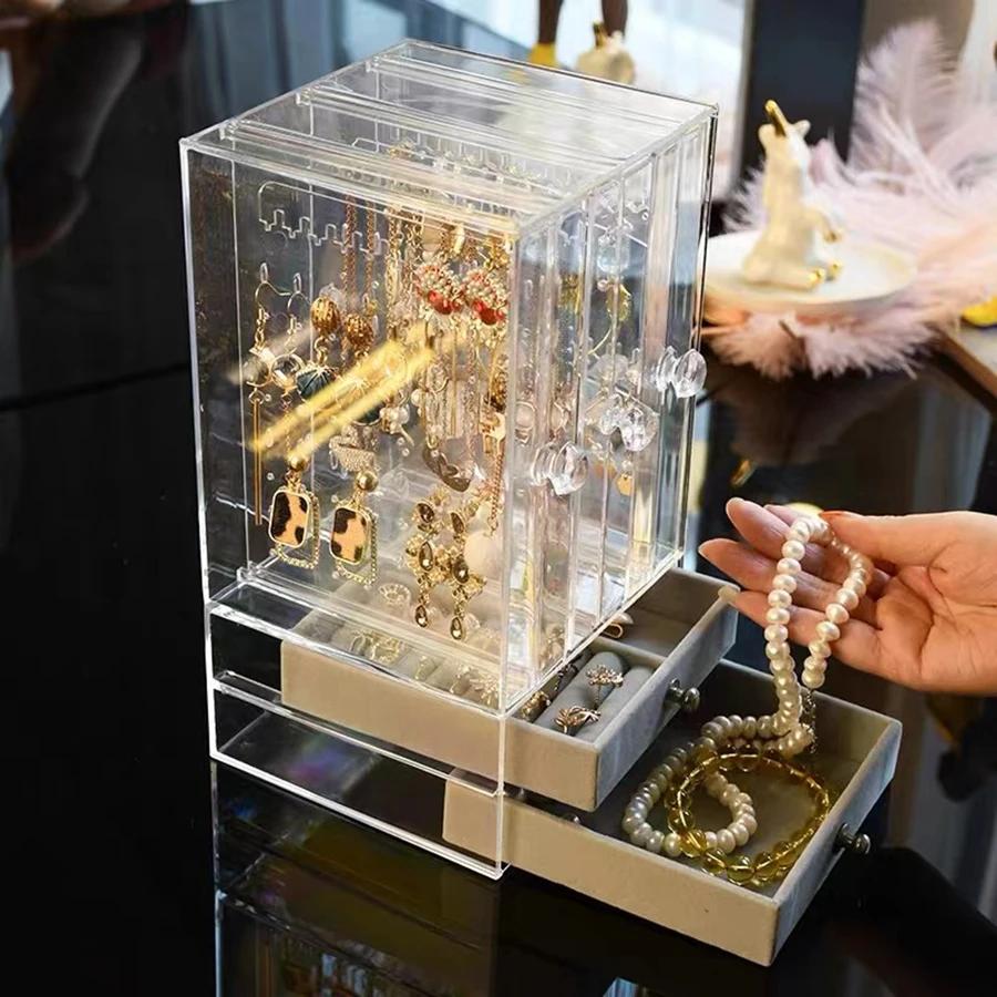 A clear earring and necklace display case, vintage plastic storage case with drawers for bracelets, rings and accessories