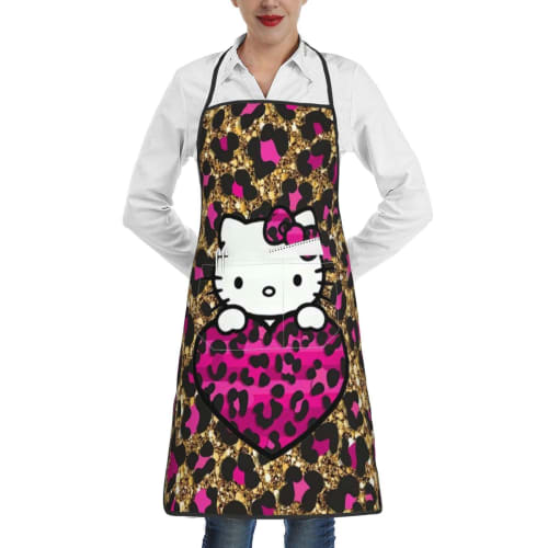 ZOOKISS Hello Kitty Leopard Print Apron, Cute with Two Pockets, Women's, Waterproof, Lightweight, Soft, Stylish, Stain-Resistant, Wrinkle-Resistant, S
