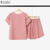 ZANZEA Women Short Sleeve Blouse and Shorts Summer Two Piece Suit Sets