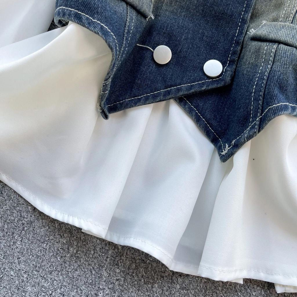 Colete Jeans Retro Chic de Hong Kong Colete Moda Empilhada Versátil Camisas de Manga Curta Bufante Conjunto de Duas Peças Top