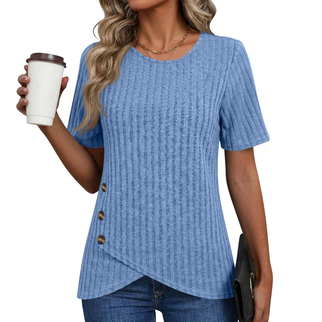 Women Short Sleeve Ribbed Knit Top Button Detail Round Neck Asymmetric Hem Casual Blouse Lightweight Soft Fabric