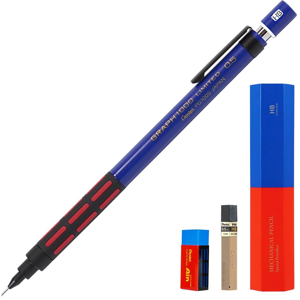 Pentel Mechanical Pencil Graph 1000 Limited Retro Color Retro Eraser High Polymer Lead RingLeaf Original Pen Box [GRAPH1000 LIMITED] & & (Blue