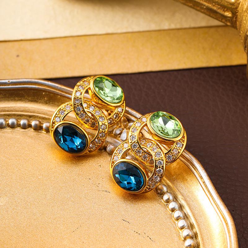 

Европейские и американские серьги-клипсы с цирконием и стеклом в стиле ретро-люкс золотой