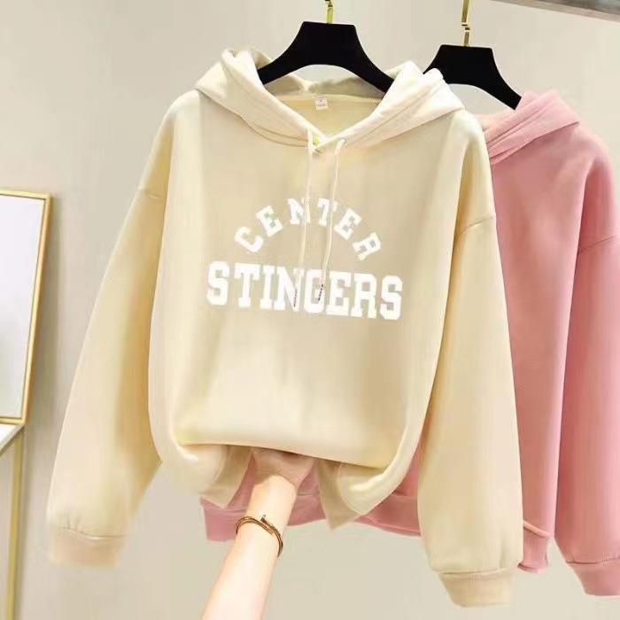 Korean Style Women's Fleece-Lined Hooded Sweatshirt, Plus Size, Loose Fit, Long-Sleeved, for Autumn and Winter.