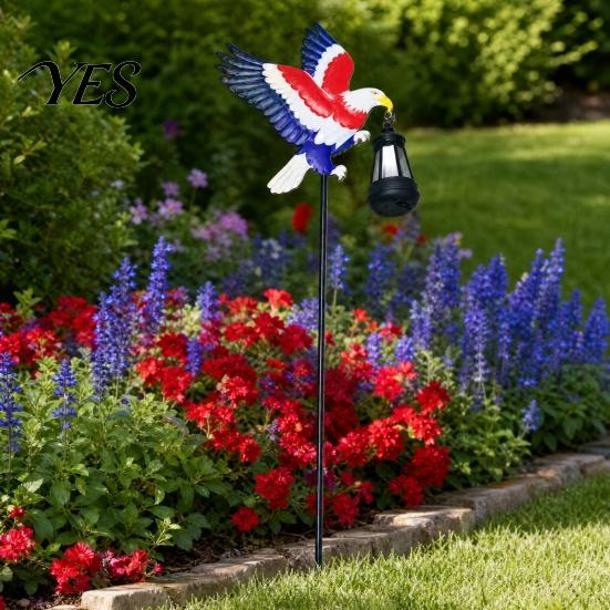 Solar Eagle Garden Stake American with Lantern, 250th Anniversary Yard Art Stake, 4th Outdoor of July Metal Decoration for Lawn Patio Porch