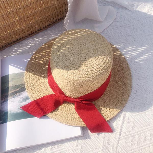 British Hepburn Style Bow Lafite Straw Hat Flat Top Vacation Vacation Beach Hat Women's Summer Top Hat