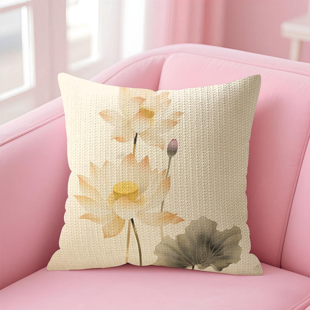 Golden Lotus Luxury Cushion Cover Natural Linen Pillow Case DoubleSided Print Decorative Sofa Pillowcase Home Decor Gift