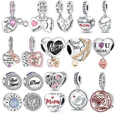 S925 Sterling Silver Heart Shaped Warm Family MOM Charm Beads Fit  Original Bracelets Fine DIY Mother's Day Jewelry Gifts