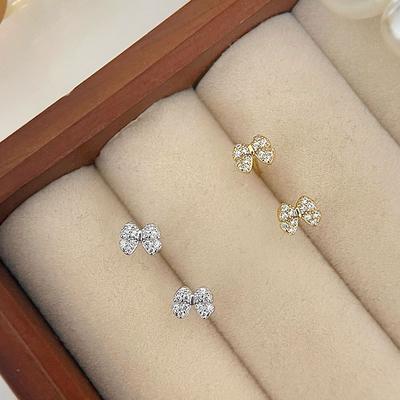 Full Diamond Bow with Small Tie Earrings Temperament Student Sweetness