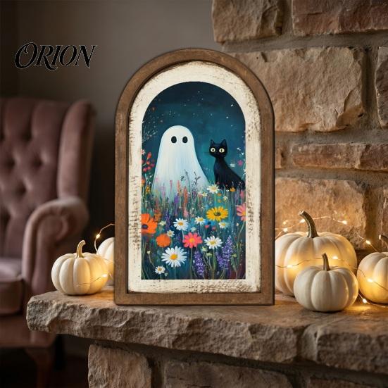 Cute Ghost Decoration Arch Wooden Sign, Halloween Table Rustic Farmhouse Arched Sign Shelf Decor, Decorative Wall Art for Mantel Living Room
