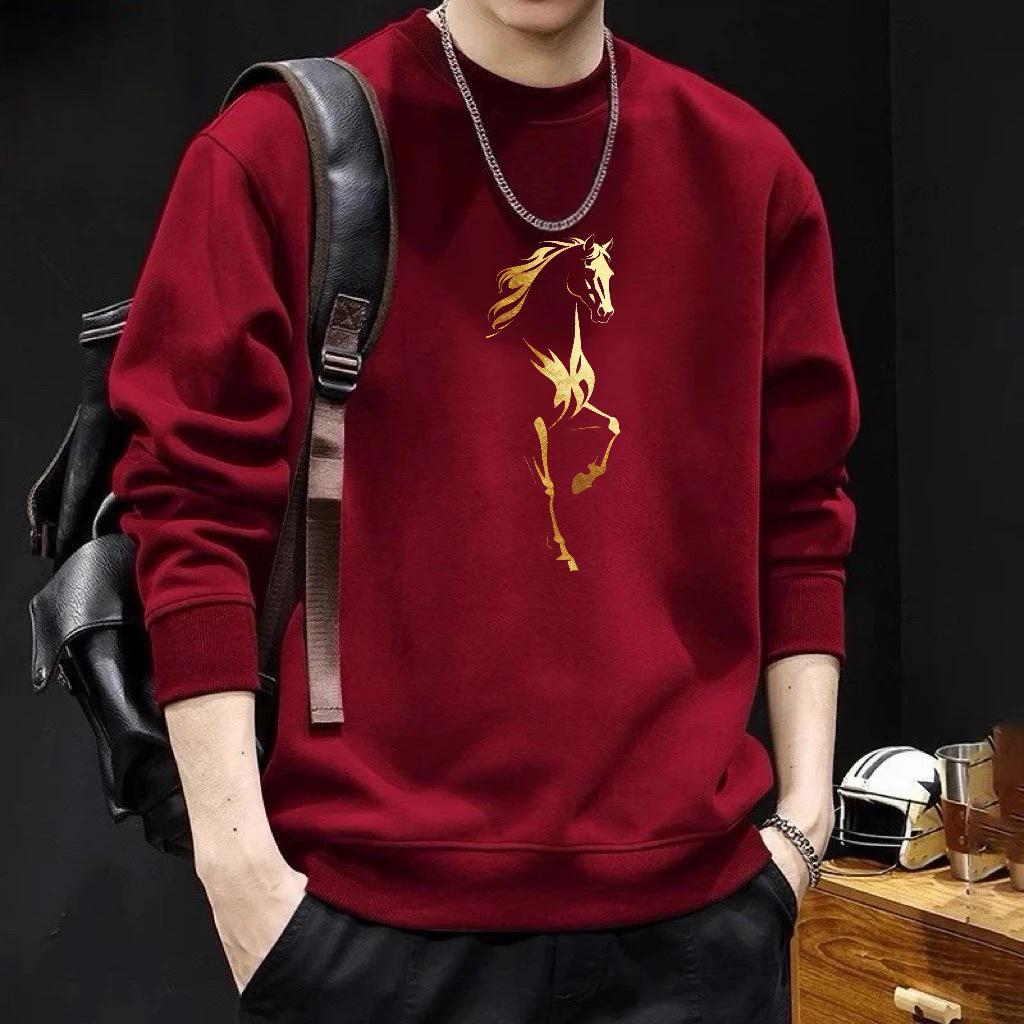 Men s Trendy Horse Print Pullover Hoodie - Autumn/Winter Long-Sleeve Casual Velvet Top 4XL