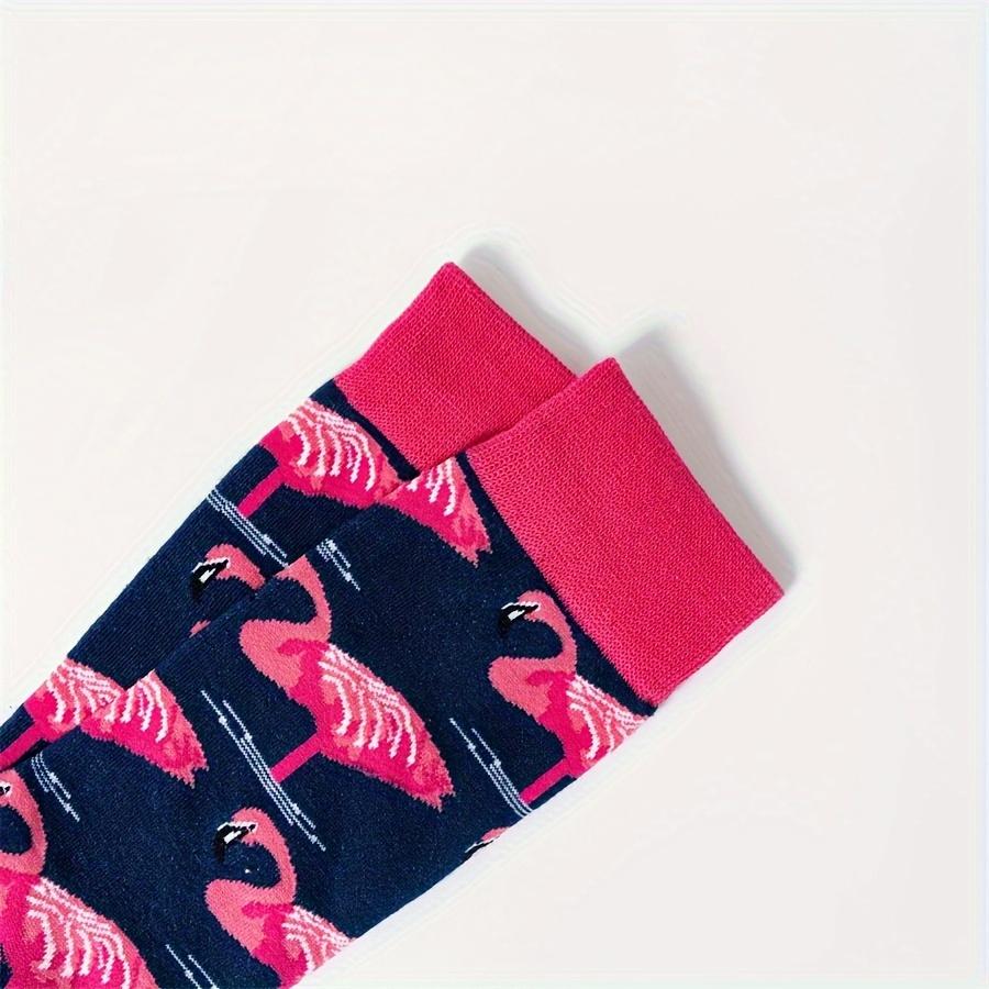 1 pair of autumn and winter new cartoon red mouth dark purple bottom flamingo pattern men's cotton socks mid-tube socks