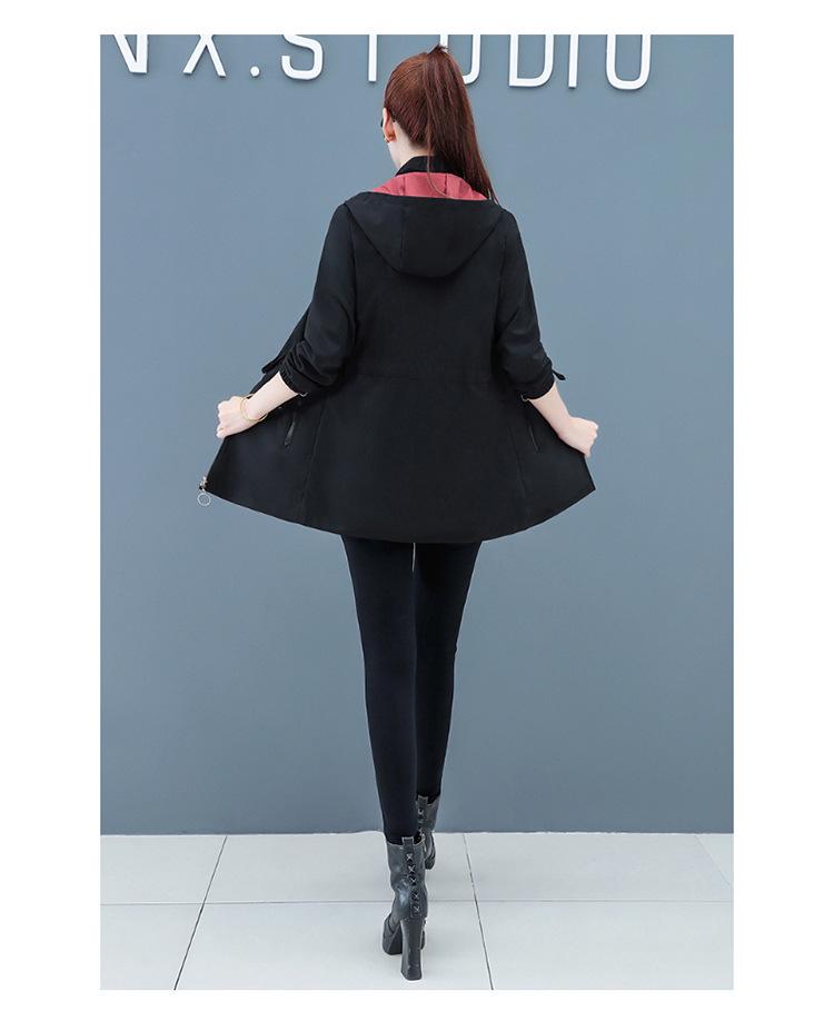 Women's Double-Sided Mid-Length Hooded Trench Coat with Detachable Elastic Waist and Zipper Pockets for Spring and Autumn