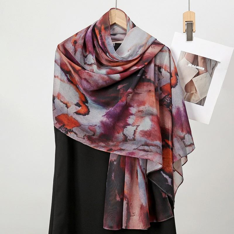 New Arrival Watercolor Digital Print Chiffon Hijab Scarf Woman Muslim Hijab Shawls Lady Colorful Blue Ethnic Islamic Turban