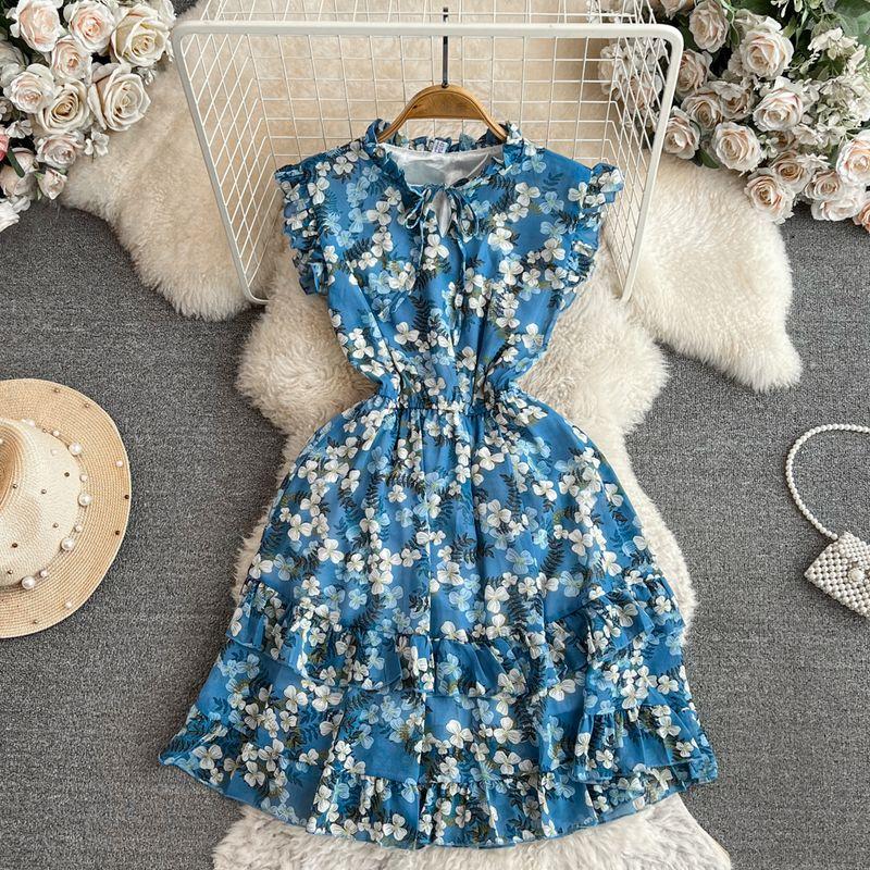 

Socialite Flying Sleeves Stand Collar A- line Chiffon Dress Dark Blue One size