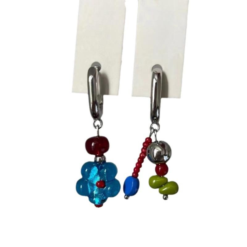 Vintage Asymmetric Flower Earrings for Women Fashion Blue Crystal Bead Ear Buckle Earrings Trendy Aesthetic Y2K Jewelry Gifts