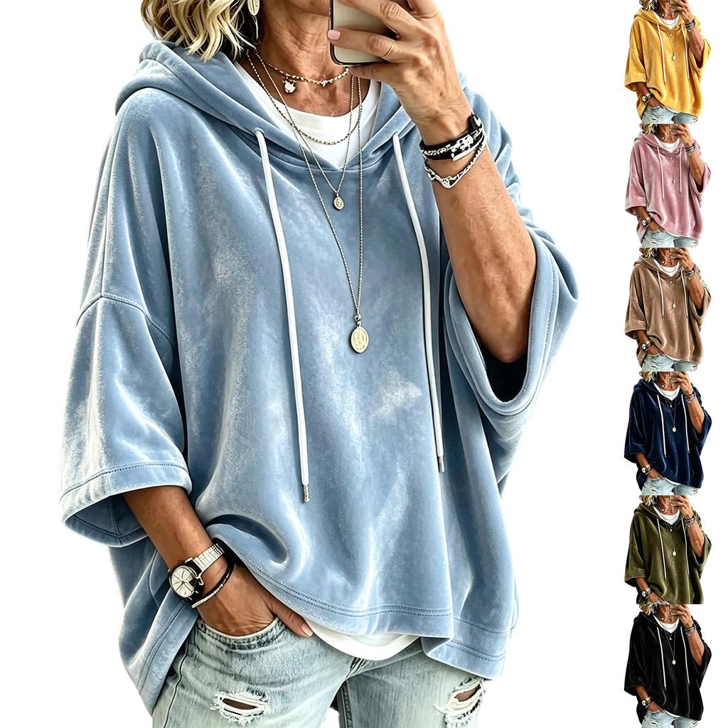 Women's Casual Velvet Hooded Pullover Top with and 3/4 Sleeves