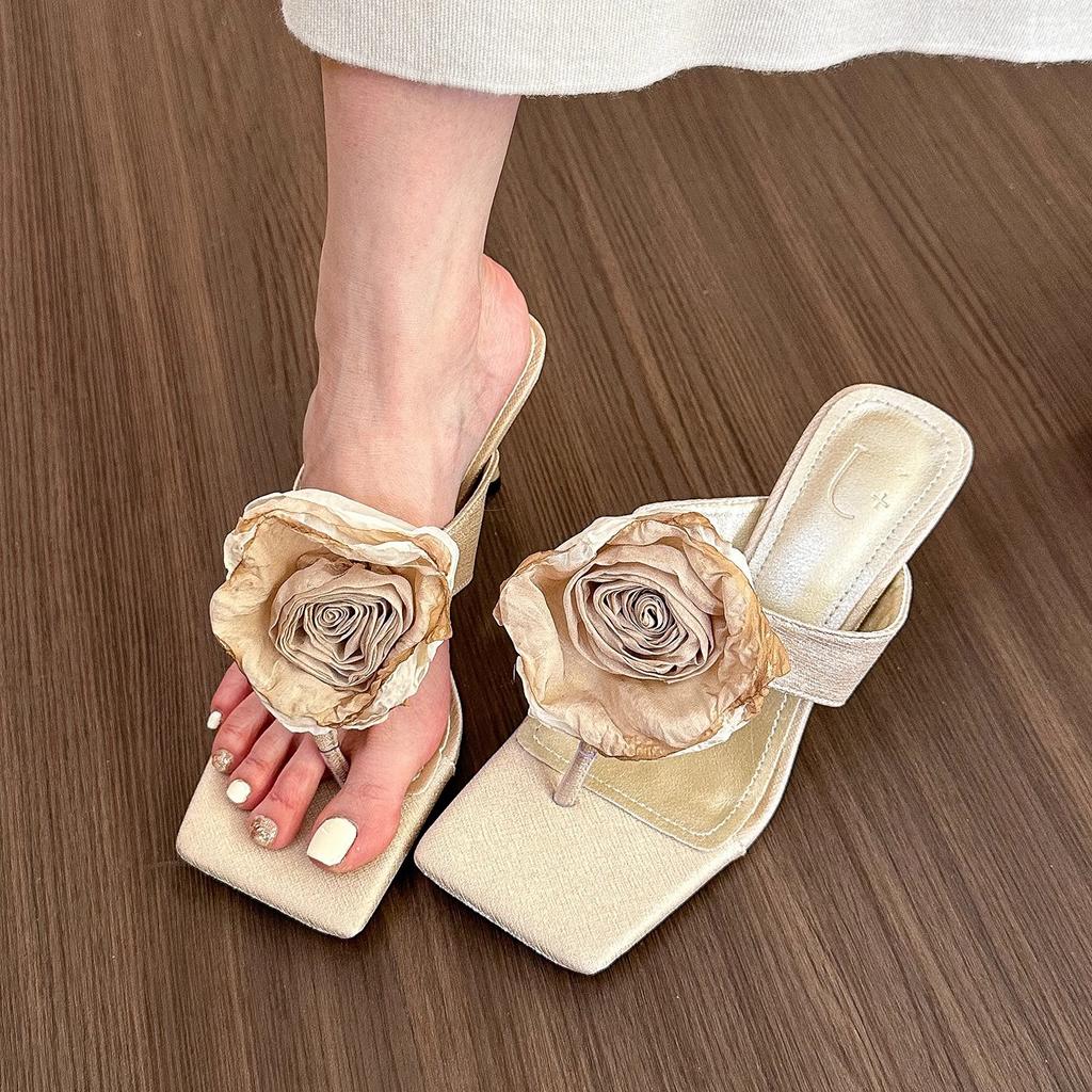 Women's Slippers Flower Decor One-word High-heeled Cool Slippers Women's Casual Fad Peep Toe Thin-heeled Sandals Sandalias Mujer