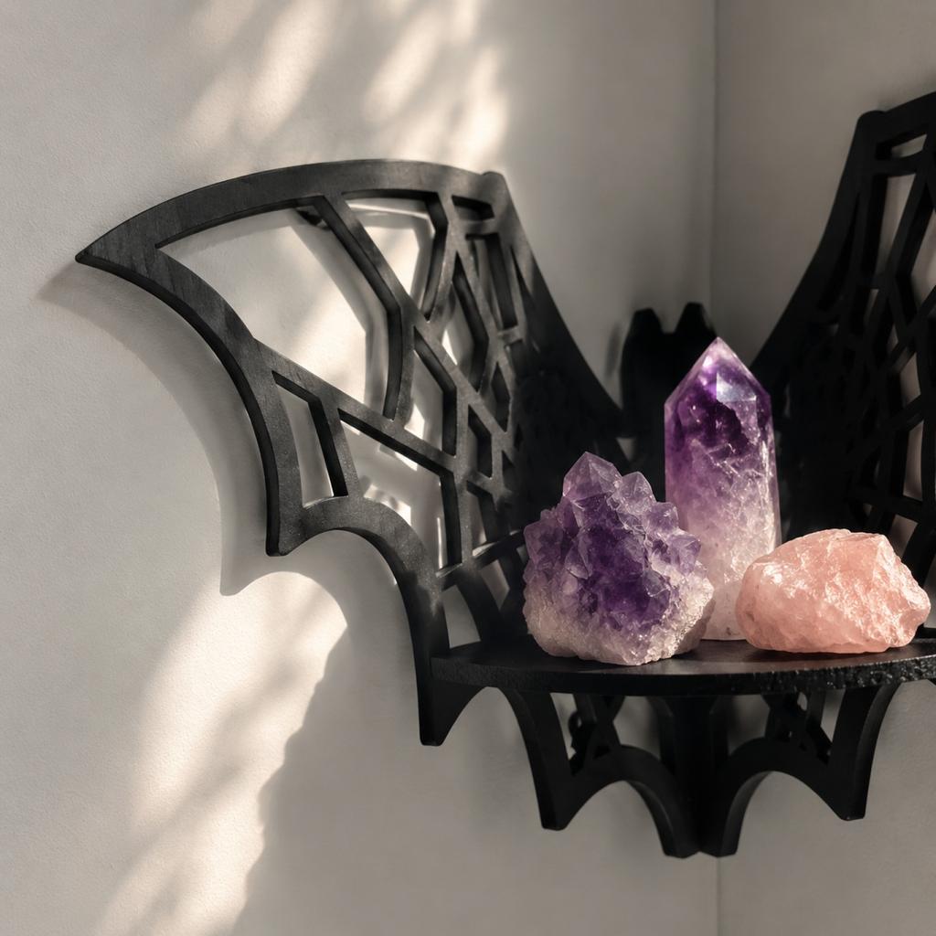 Wooden Hollow Bat Shaped Wall Shelf with Web Design Decorative Storage Rack for Halloween Home Wall Mounted Organizer