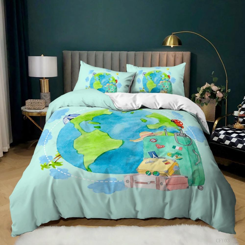 World Map Bedding Set Earth Pattern Bedding Cover Pillowcase Children and Teenagers Bedding Single/Double Size Gift