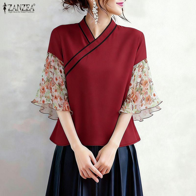 

ZANZEA Women Casual V-Neck Loose Floral Print Splice Half Sleeve Blouse 5XL вина червоного кольору