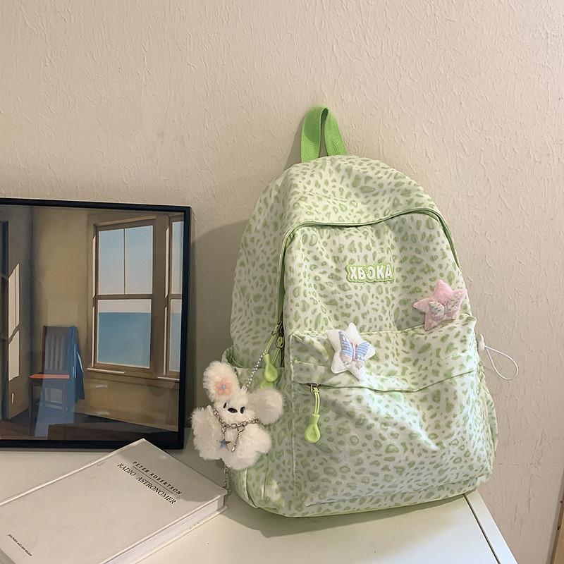 Fashion Pattern Leopard Student Backpack With Plush Pendant For Daily Use